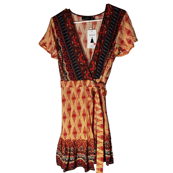 ZESICA Women's Bohemian Printed Wrap Dress --Size Small - Picture 1 of 13